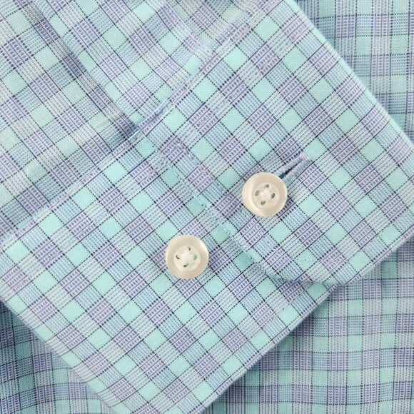 NWT Stafford Travel Button Up Shirt Green Blue Check 14.5 32/33 Regular Woven - Picture 12 of 16